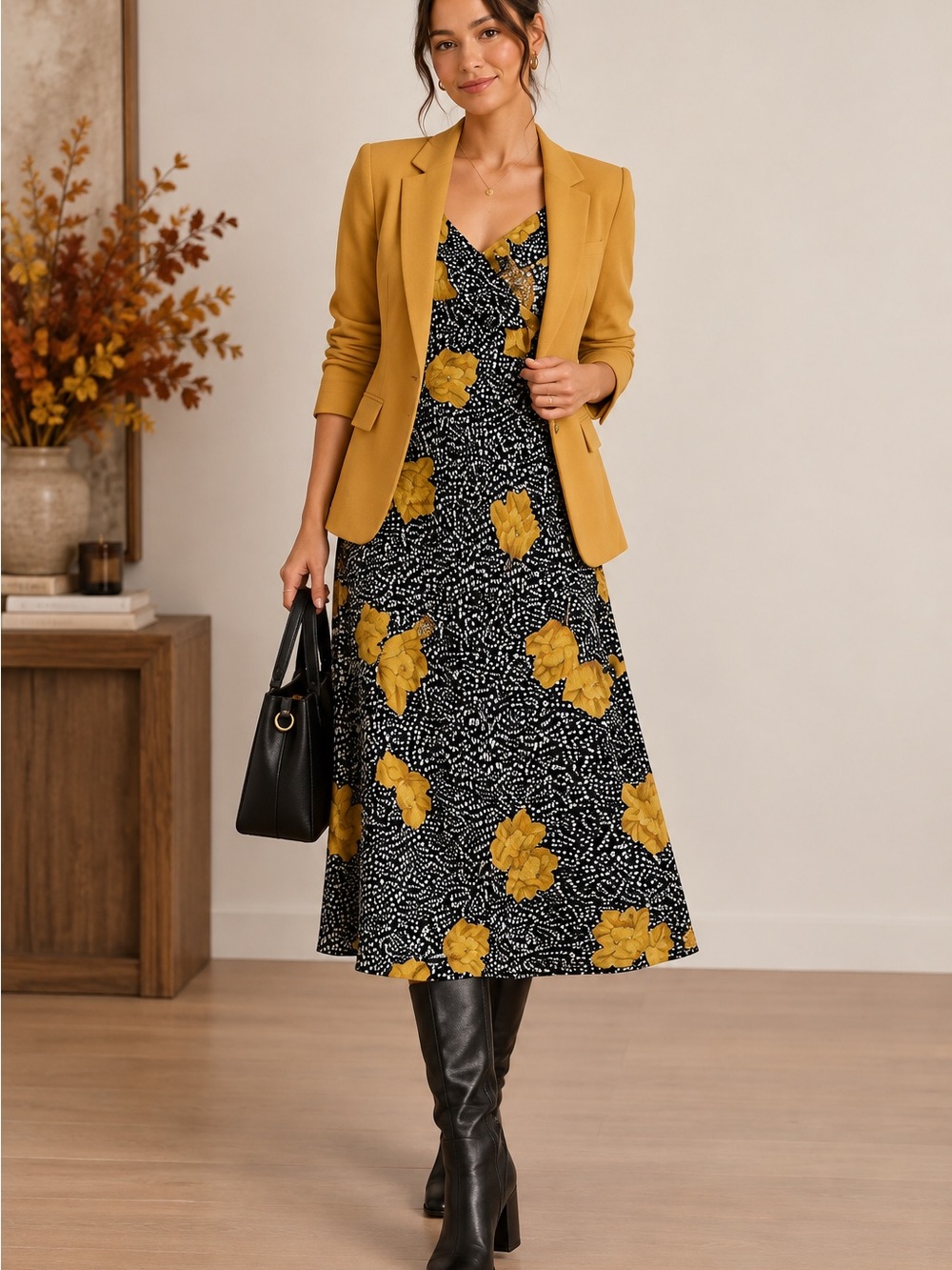 ModCloth one shoulder black Midi Dress with Yellow Floral Accents size 10